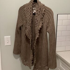 Women's Taupe Crochet-Trim Open Cardigan Sweater